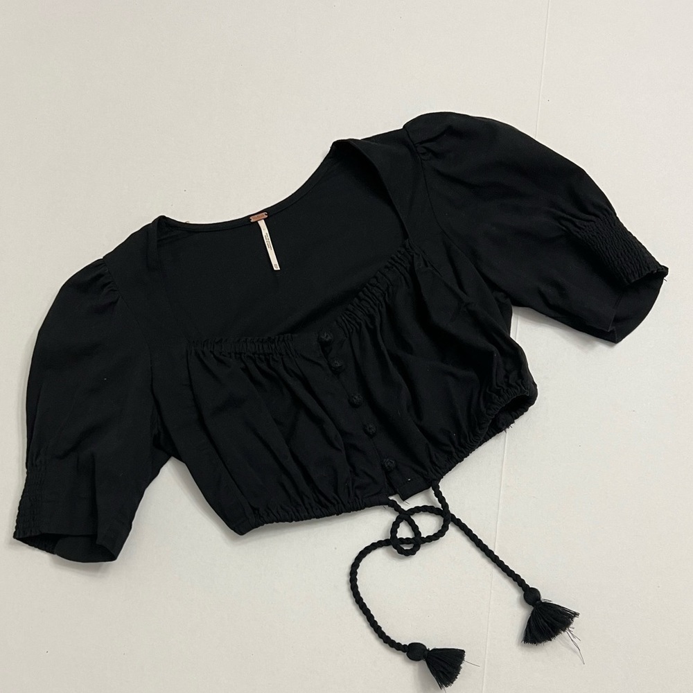 Free People Cropped Button Front Short Sleeve Top